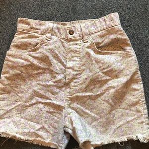 Purple and light green floralmom shorts, raw edge